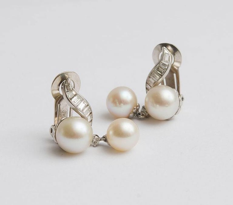 Pair of 14K White Gold, Cultured Pearl and Diamond Earclips