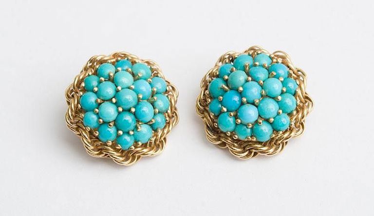 Pair of 14K Gold and Turquoise Earclips