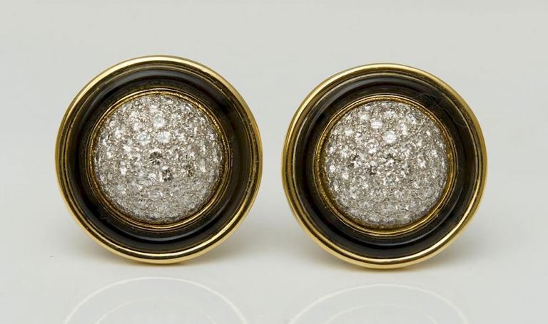 Pair of Merrin 18k Gold, Platinum, Diamond and Black Onyx Earclips