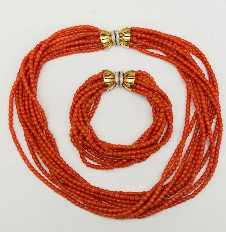 Multi-strand Coral Bead Necklace and Bracelet