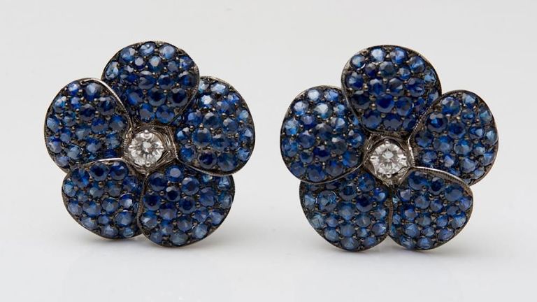 18k White Gold, Sapphire and Diamond Flower Earclips