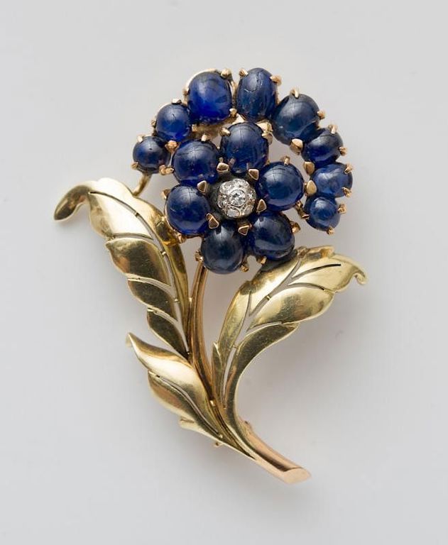 14k Gold, Sapphire and Diamond Flower-form Brooch