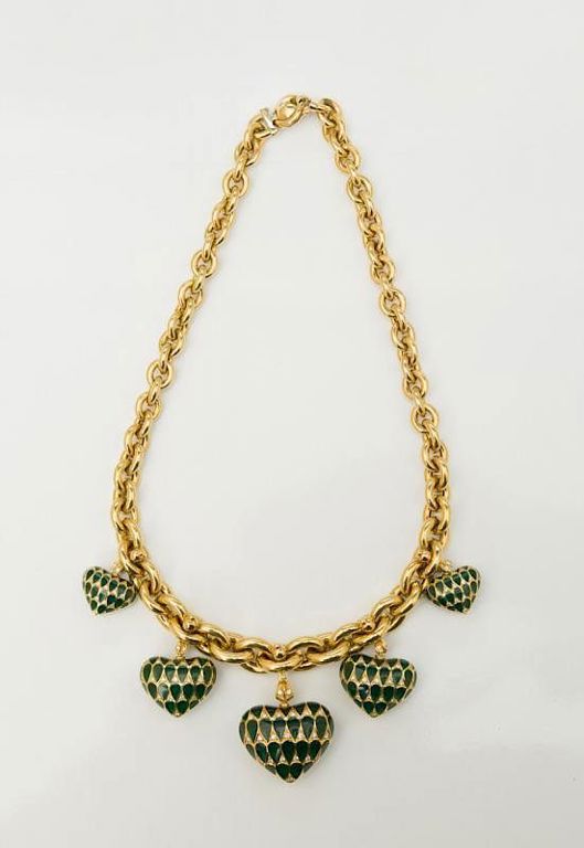 18k Gold, Green Enamel and Tiny Diamond Necklace