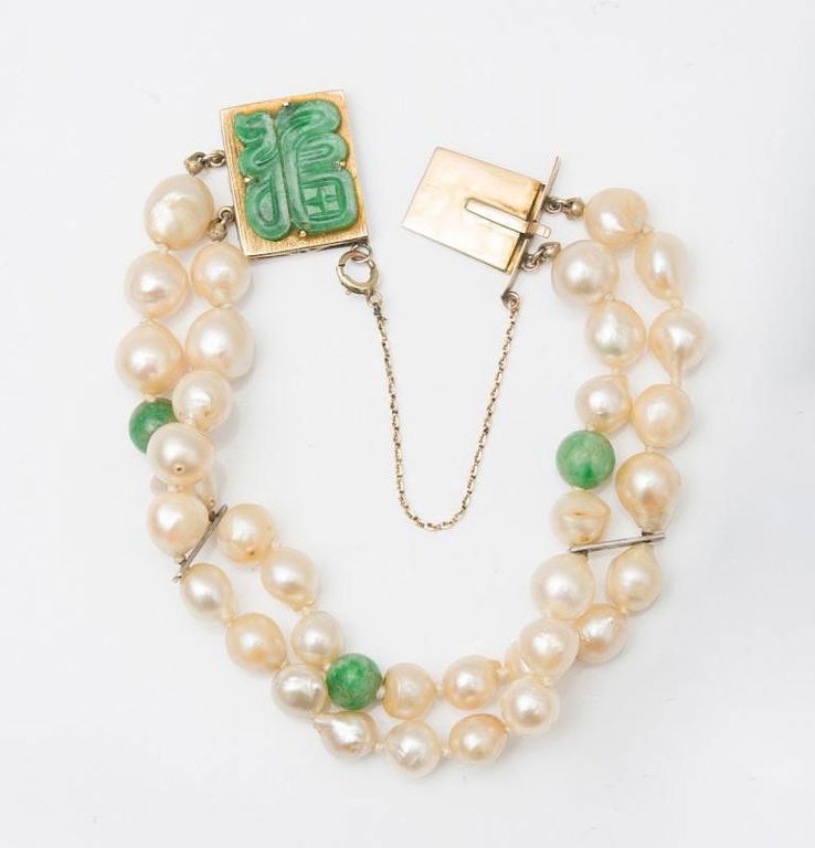 Retro Cultured Pearl and Jade Bracelet