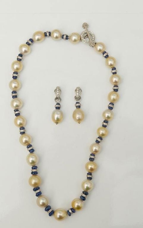18k Gold Cultured Pearl, Sapphire Bead and Diamond Necklace and Pair Earclips