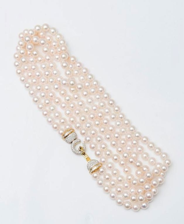 Double Strand Cultured Pearl Necklace With 18k Gold and Diamond Clasp