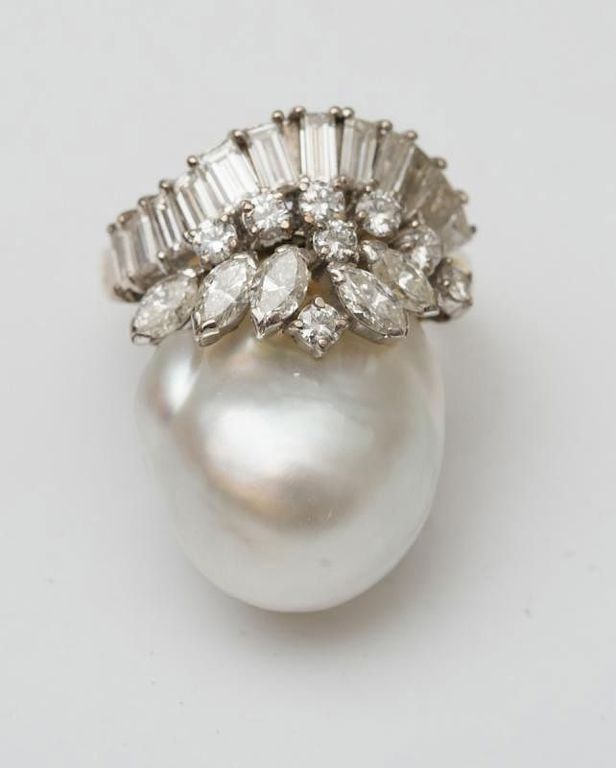 18k White and Yellow Gold, Baroque Pearl and Diamond Ring