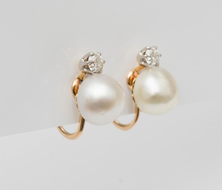 Pair of 14k Gold, Natural Pearl and Diamond Earrings