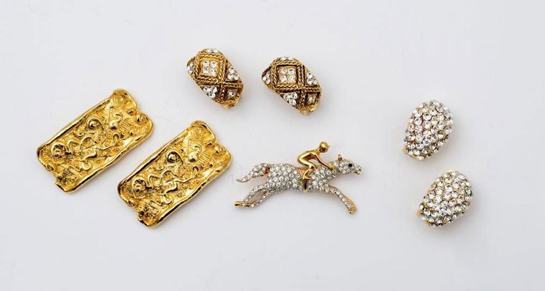 Three Sets of Gold Metal Earclips and a Jockey Pin
