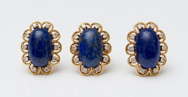 Pair of 18k Gold, Lapis and Diamond Earclips and a Matching Ring