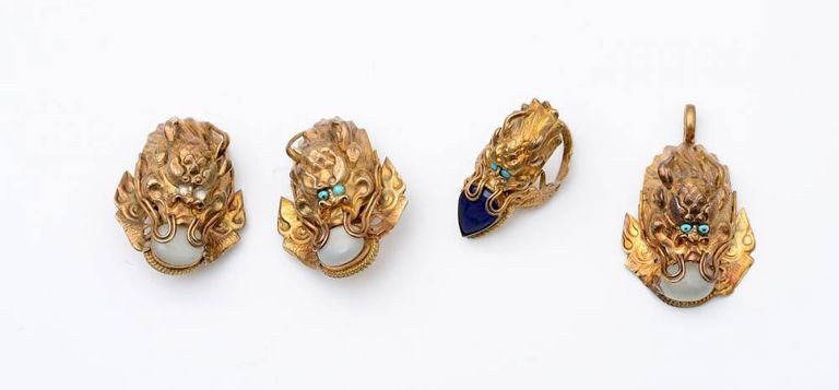 Gold Metal and Turquoise Dragon-form Pendant, Ring and Earring Set