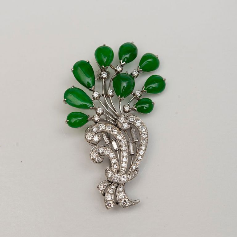 Platinum, Diamond and Jade Floral Brooch