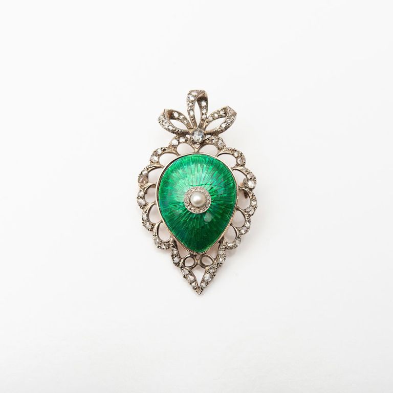 Russian Gold, Silver, Diamond, Guilloché Enamel and Split Pearl Brooch