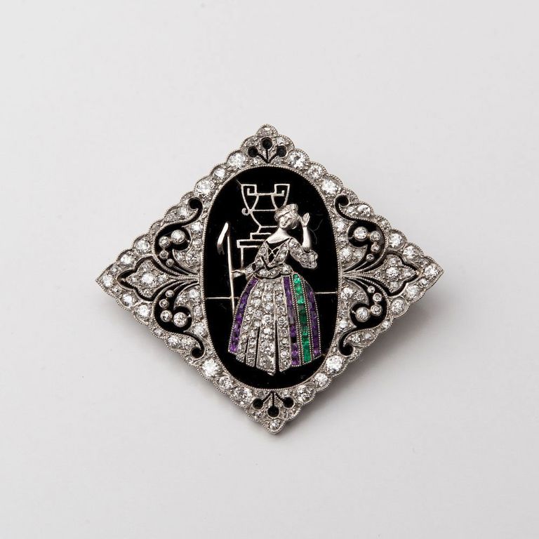 French Platinum, Diamond, Emerald and Amethyst Brooch