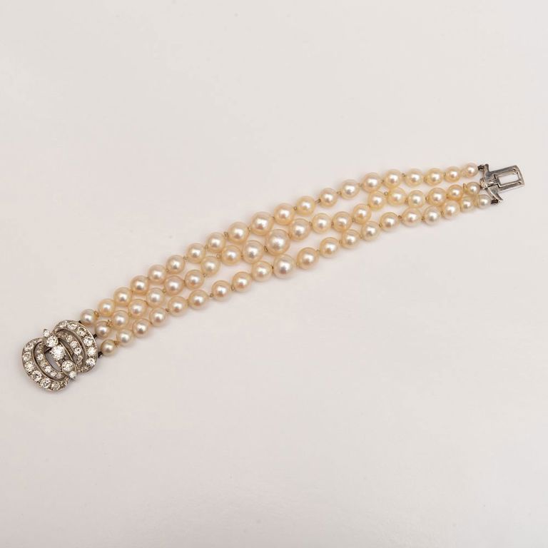 Triple Strand Cultured Pearl, Platinum and Diamond Bracelet