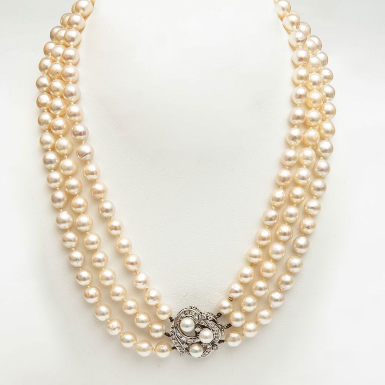 Triple Strand Platinum, Cultured Pearl and Diamond Necklace
