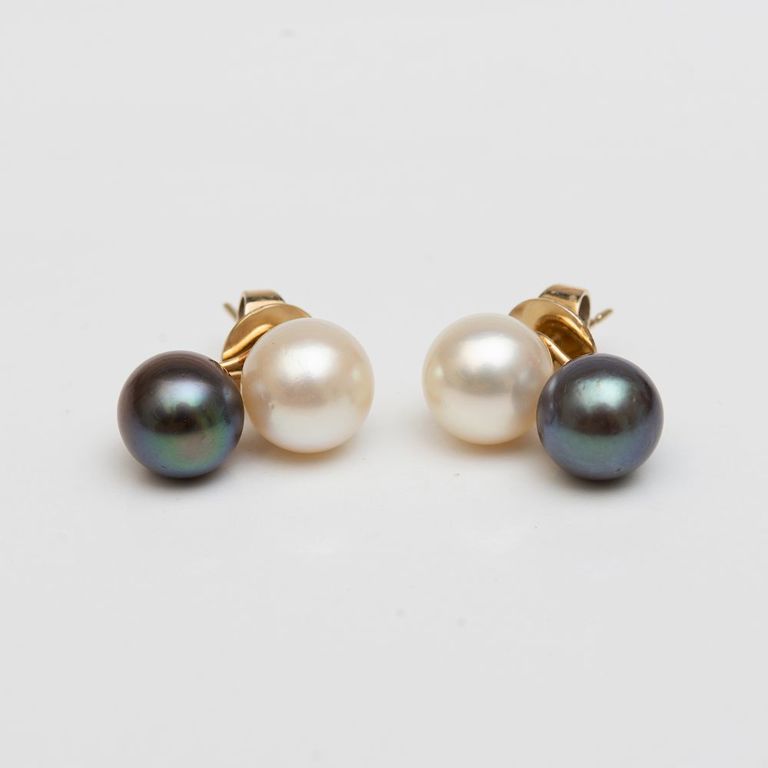Pair of Black and White Cultured Pearl Earrings
