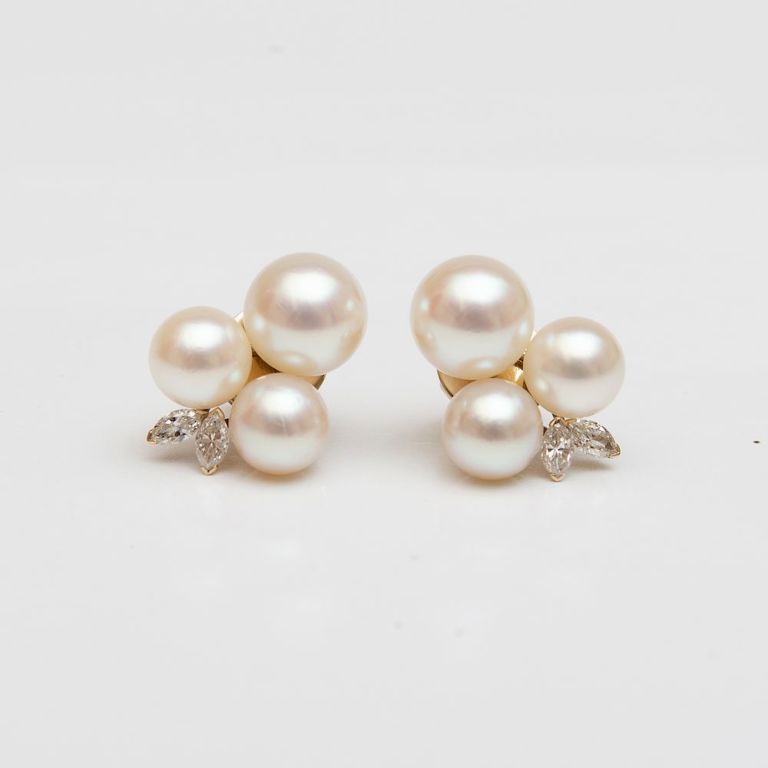 Pair of 18k Gold, Cultured Pearl and Diamond Earclips
