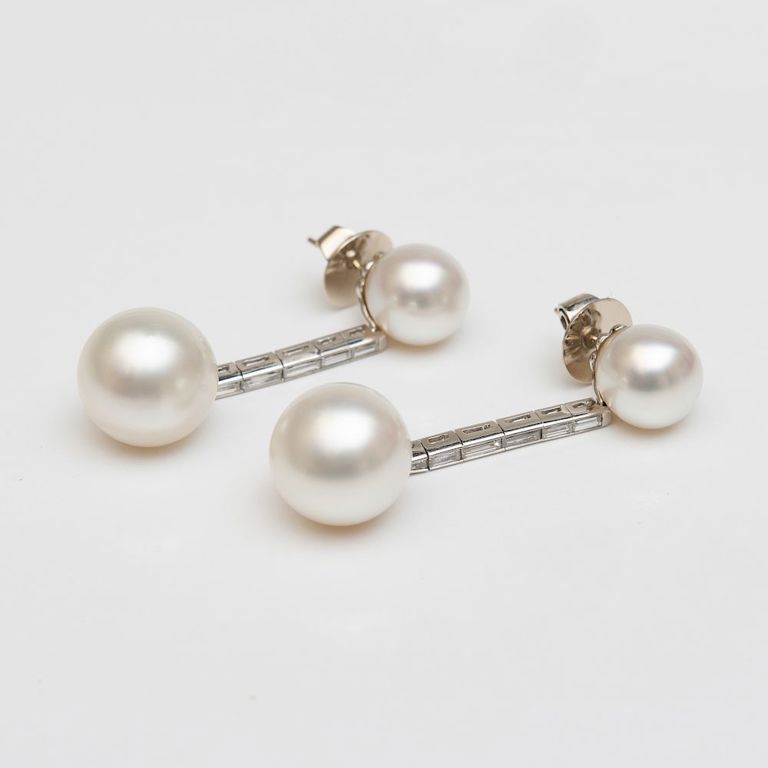 Pair of 18k Gold, Cultured Pearl and Diamond Pendant Earrings