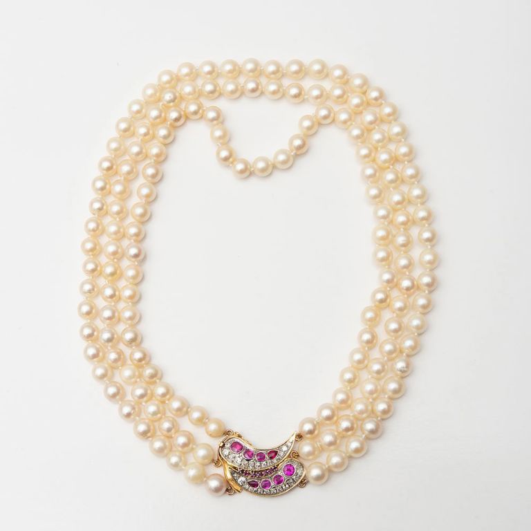 Triple Strand Cultured Pearl Necklace with Ruby and Diamond Clasp