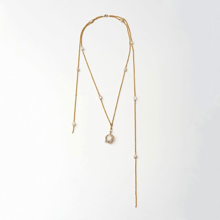French 14k Gold and Baroque Pearl Long Chain and Pendant