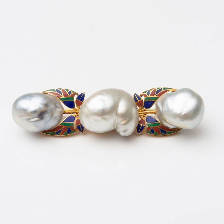 18k Gold, Enamel and Baroque Pearl Brooch