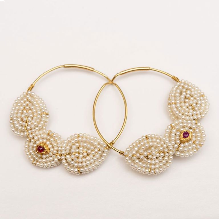 Pair of 14k Gold and Seed Pearl Hoop Earrings