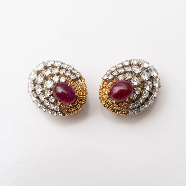 Pair of Van Cleef & Arpels 18k Gold Ruby and Diamond Earclips