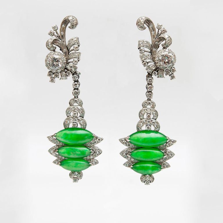 Vintage Platinum, Jade and Diamond Pendant Earrings
