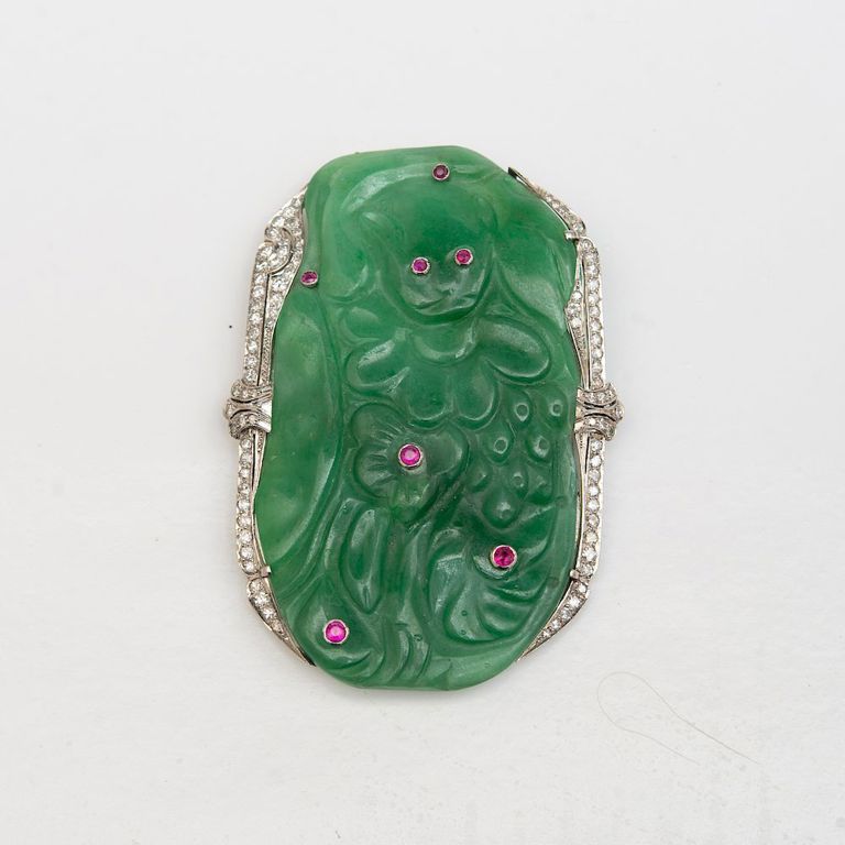 Art Deco Carved Jade and Diamond Brooch