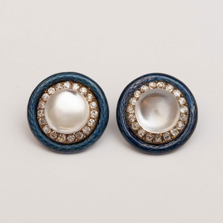 Pair of Moonstone, Diamond and Enamel Earrings