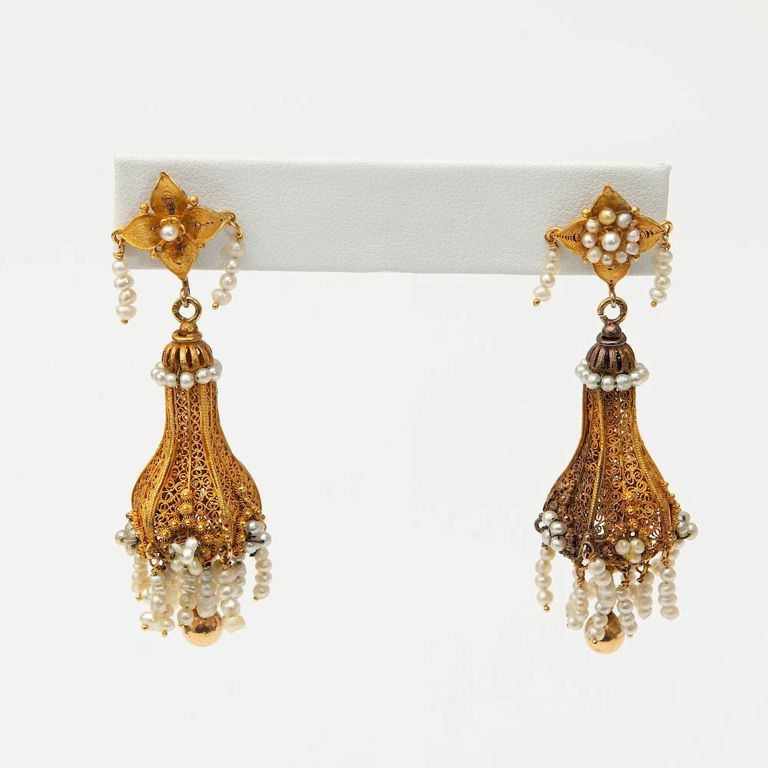Four Pairs of Indian Diamond or Seed Pearl Pendant Earrings