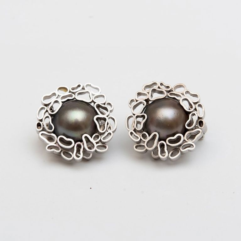 Pair of South Sea Tahitian Pearl Earclips, In the Style of Andrew Grima