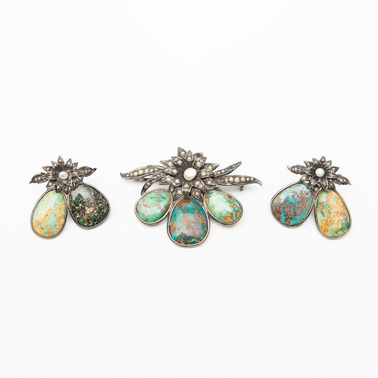 Pair of Silver, Turquoise Matrix and Seed Pearl Earrings and Matching Pin