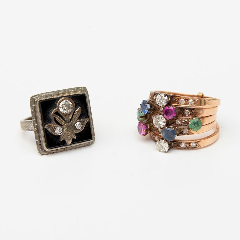 Art Deco 14k White Gold, Black Onyx and Diamond Ring and a 14k Gold, Gems Ring