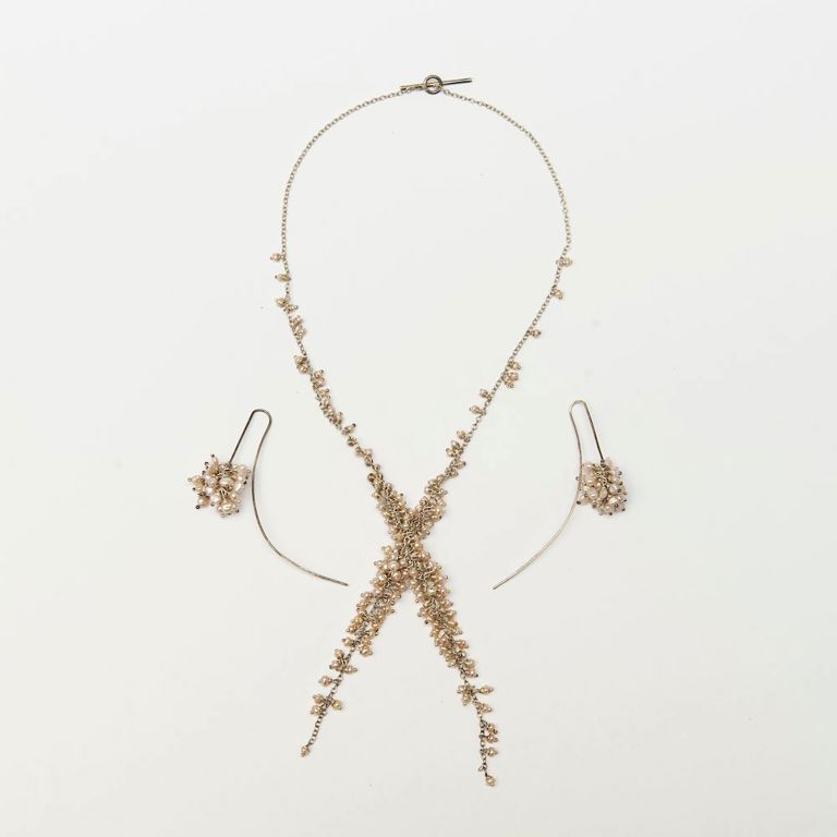 Silver and Seed Pearl Necklace and Pair of Earrings