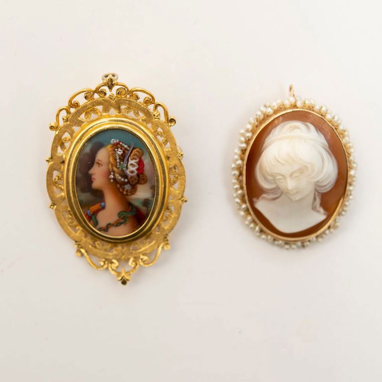 14k Gold Cameo Brooch and an 18k Gold Plated Brooch With Figure
