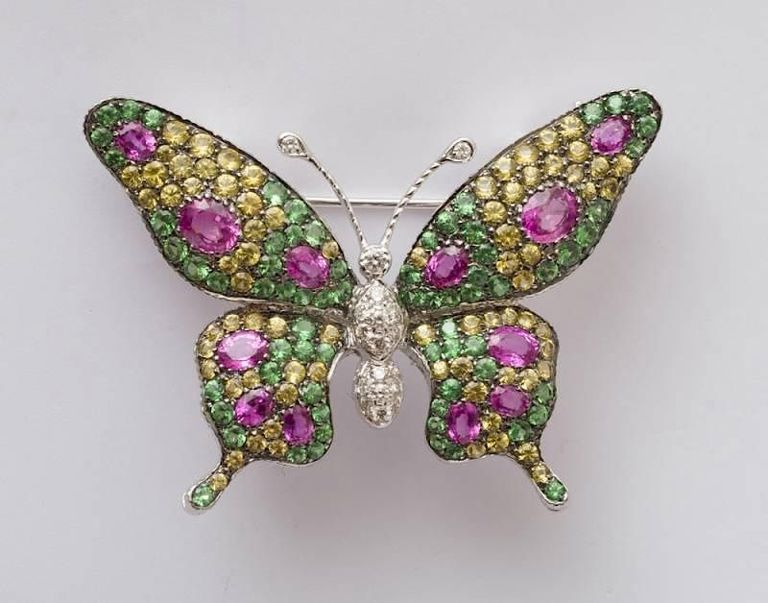 18k White Gold, Tsavorite, Diamond, Pink and Yellow Sapphire Butterfly Brooch