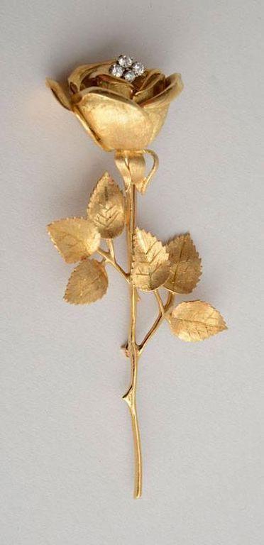 Vintage 18k Yellow Gold and Diamond Rose Brooch