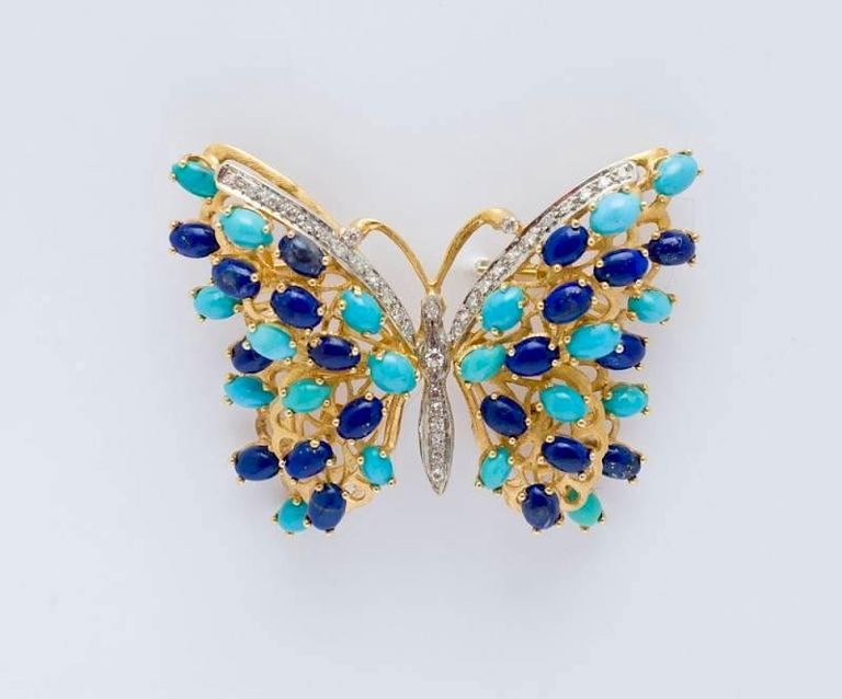 14k Yellow Gold, Diamond, Turquoise and Lapis Lazuli Butterfly Form Brooch