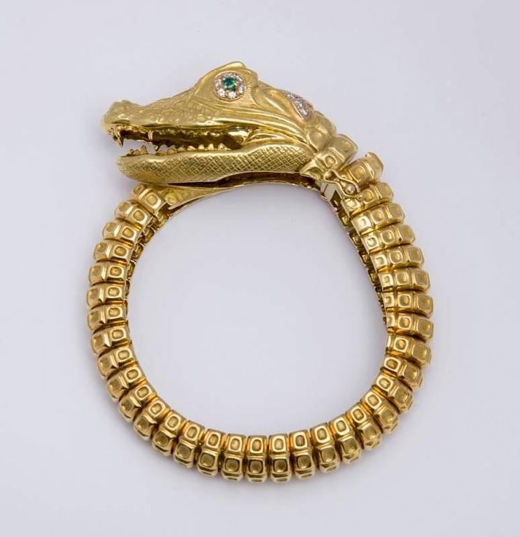 Hammerman Bros. 18k Yellow Gold, Diamond and Emerald Alligator Bracelet