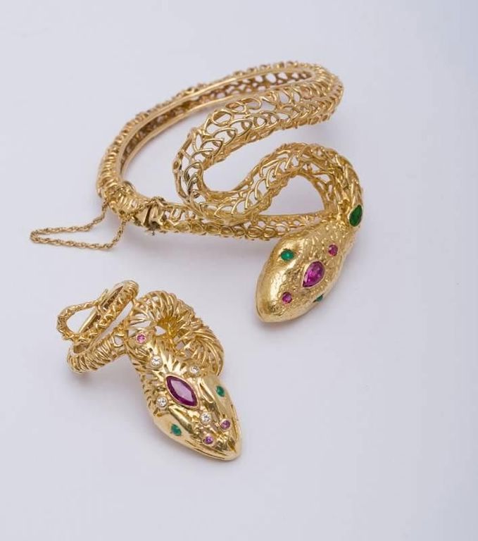 18k Yellow Gold Snake-form Bracelet With Rubies and Emeralds and a Matching Ring