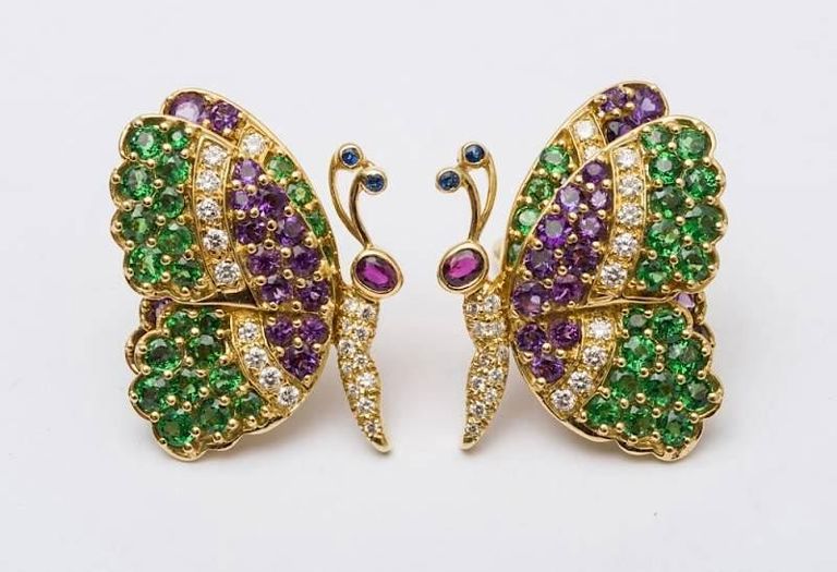 Pair of Jean Vitau 18k Yellow Gold, Gems Butterfly Earrings