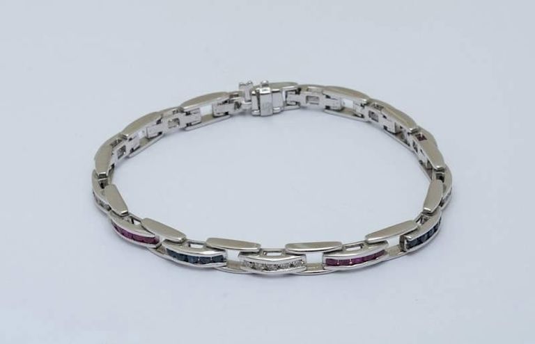 14k White Gold, Diamond, Sapphire and Ruby Bracelet