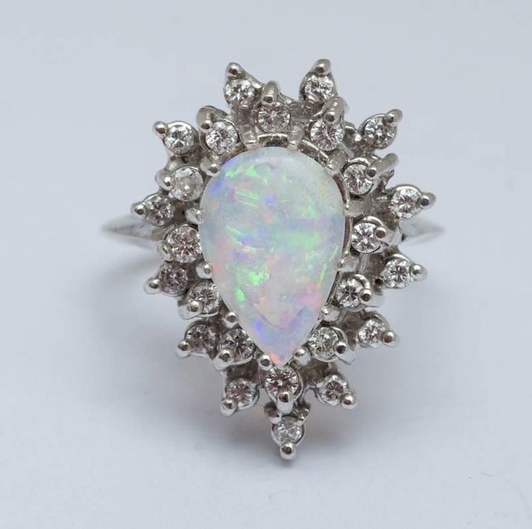 14k White Gold Opal and Diamond Cluster Ring