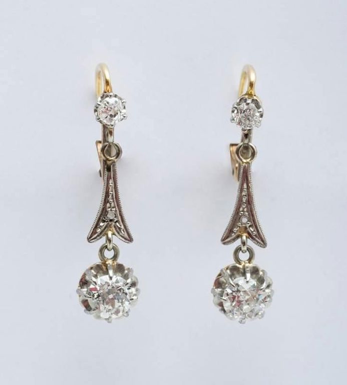 Pair of French Platinum Topped 18k Yellow Gold and Diamond Pendant Earrings