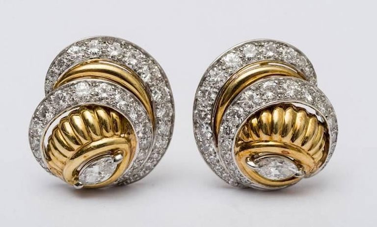 Pair of 18k Yellow Gold and Platinum Swirl Earrings
