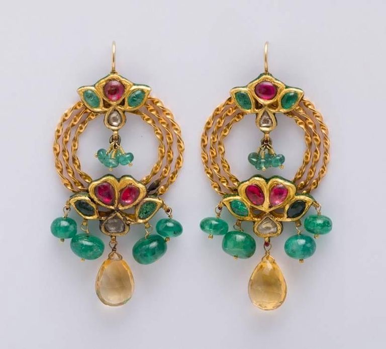 Pair of Indian Moghul 14k Gold and Gilt-metal, Gems Drop Earrings