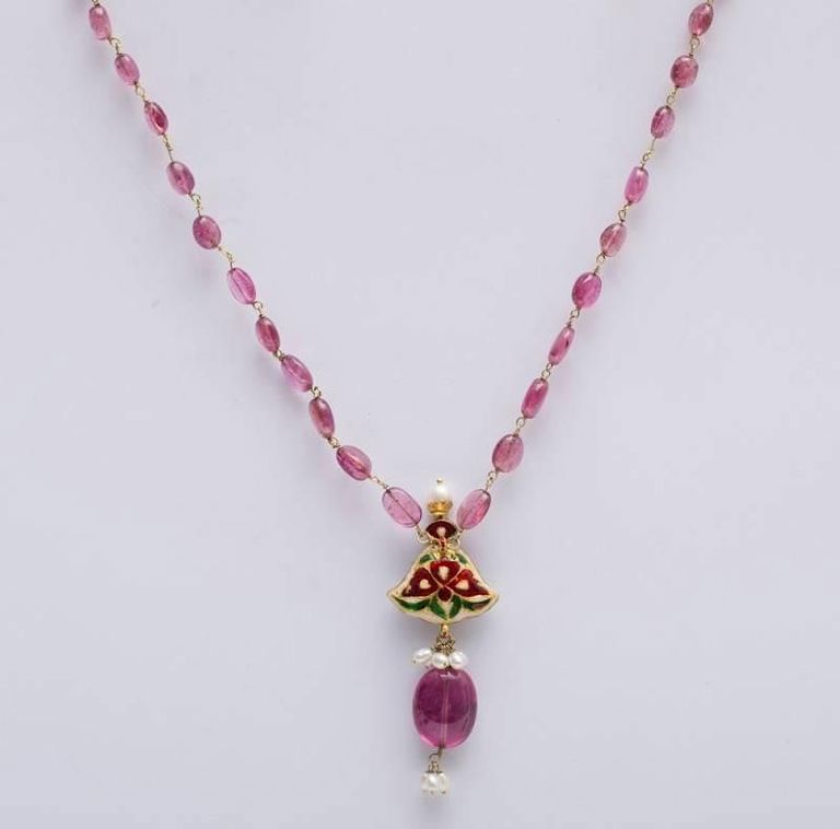 Indian Moghul Pink Tourmaline, Garnet, Diamond, Seed Pearl and Enamel Necklace