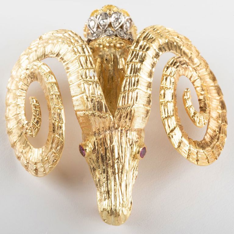 Ilias Lalaounis 18K Yellow Gold, Diamond and Ruby Ram Head Brooch